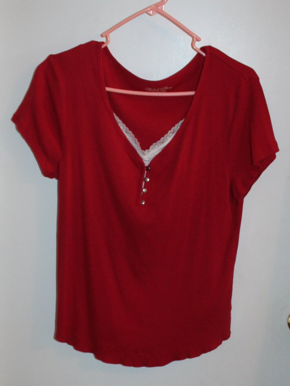 Faded Glory red short-sleeve lace-trim Henley top with scoop-to-V neckline